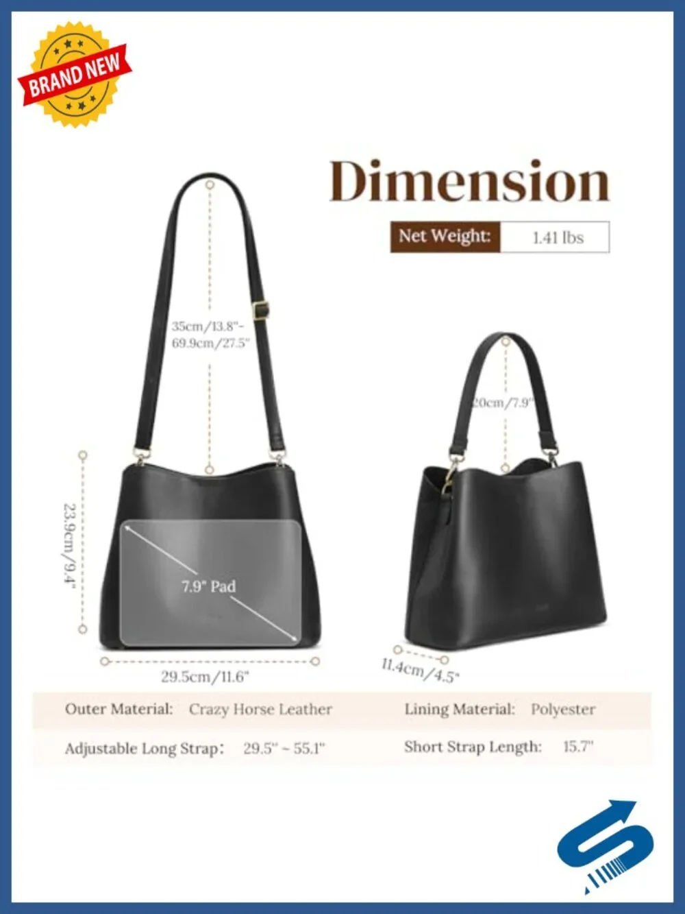 Top Grain Leather Crossbody Bag for Women, Medium Bucket Purse with 2 Straps